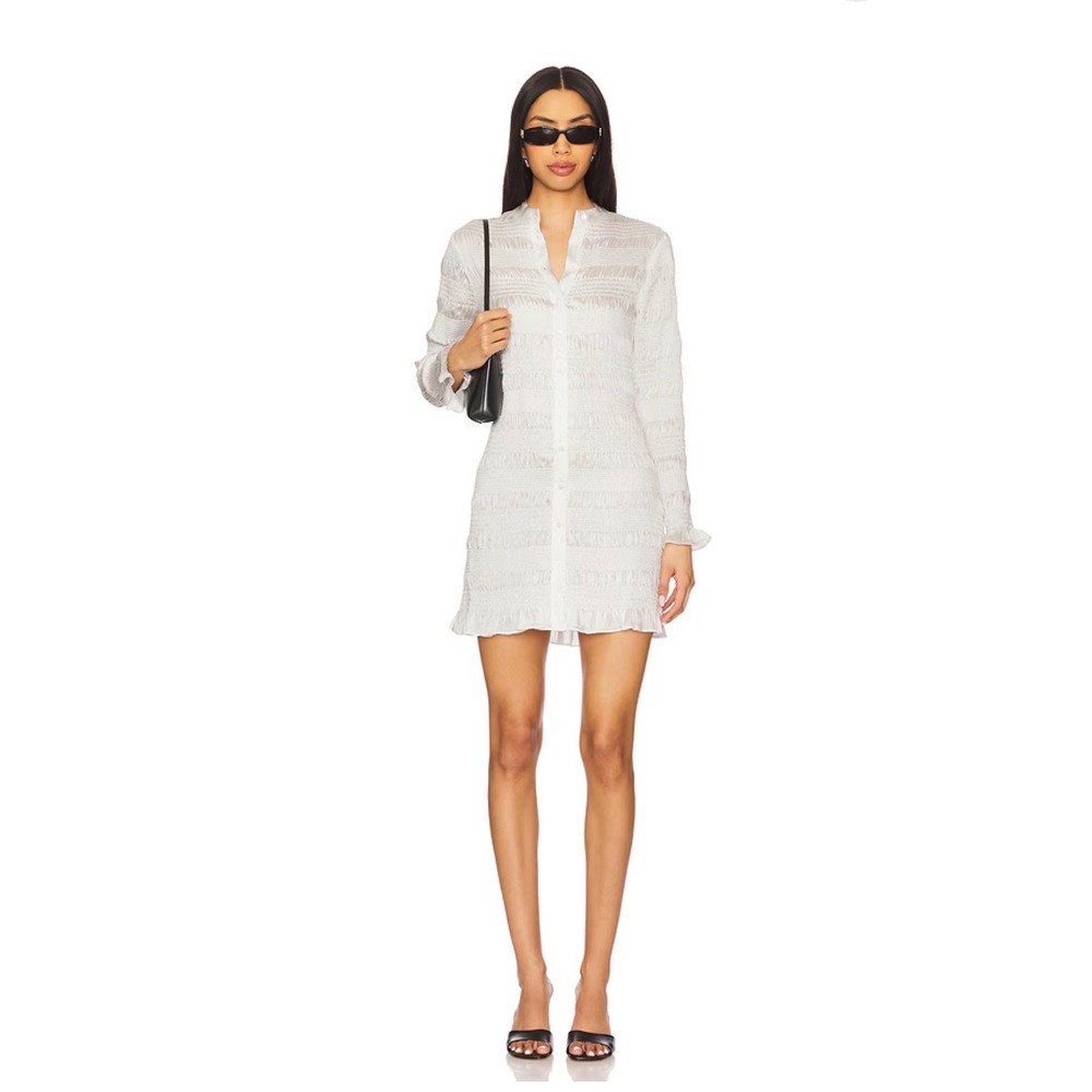 AllSaints Meg Mini Dress White Smocked Ruffle Button Front W062DC US 2